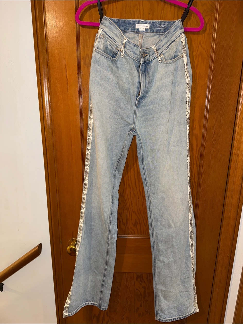Good American The Khloe Jeans Flare with Snake-Print Side Stripe and belt loops